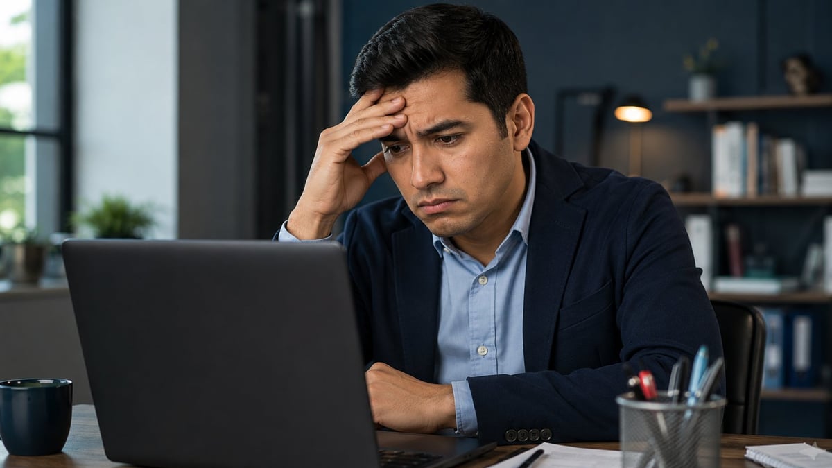 Stressed businessman in dark blazer and blue shirt sits at desk looking troubled while working on laptop